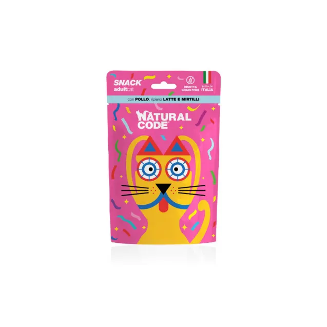 natural code snack con pollo ripieno di latte e mirtilli per gatti