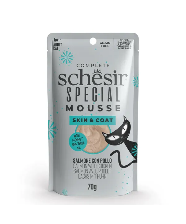schesir skin&coat salmone con pollo in mousse 70g in busta
