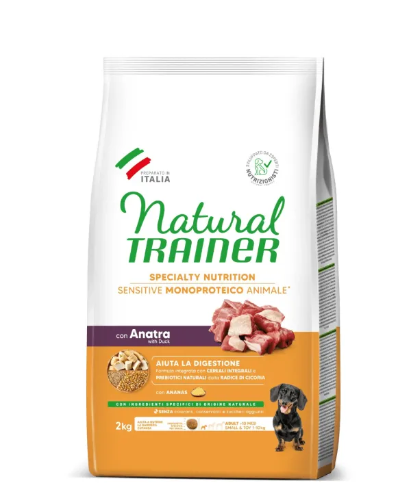 natural trainer specialty nutrition sensitive monoproteico no gluten small&toy adult con anatra e cereali integrali 2 kg