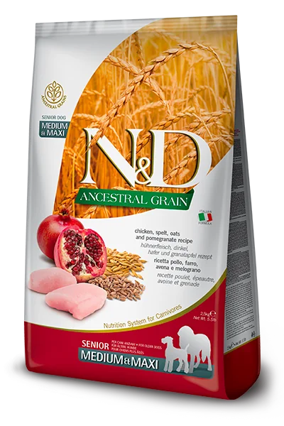 Immagine di anteprima del prodotto dal titolo: ND Ancestral Grain canine Chicken & Pomegranate Senior medium & maxi 12kg