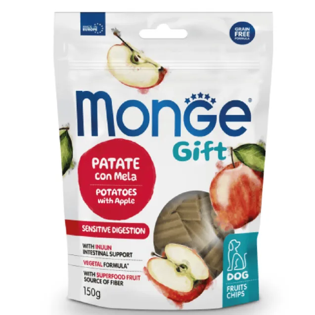 monge snack training per cani adulti fruits chips sensitive digestion patate mela 150 gr